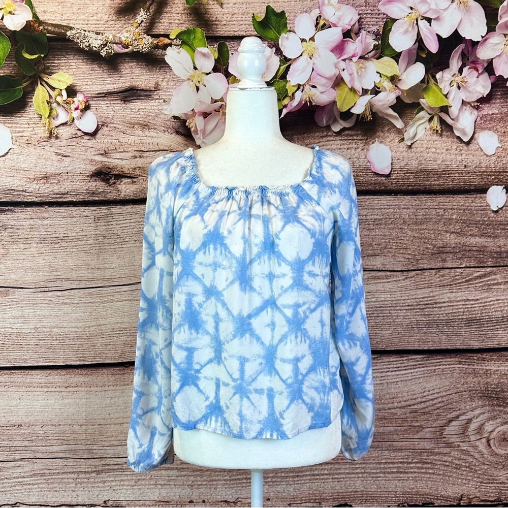 SO Women’s Rayon Blue White Abstract Feminine Ruffled Blouse
